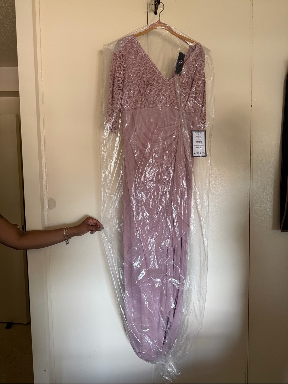 Macy's Dusty Rose Lace V-Neck Long Sleeve Evening Gown